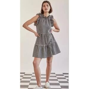 Maeve Anthropologie Lida Ruffled Mini sun Dress black white check gingham sz M